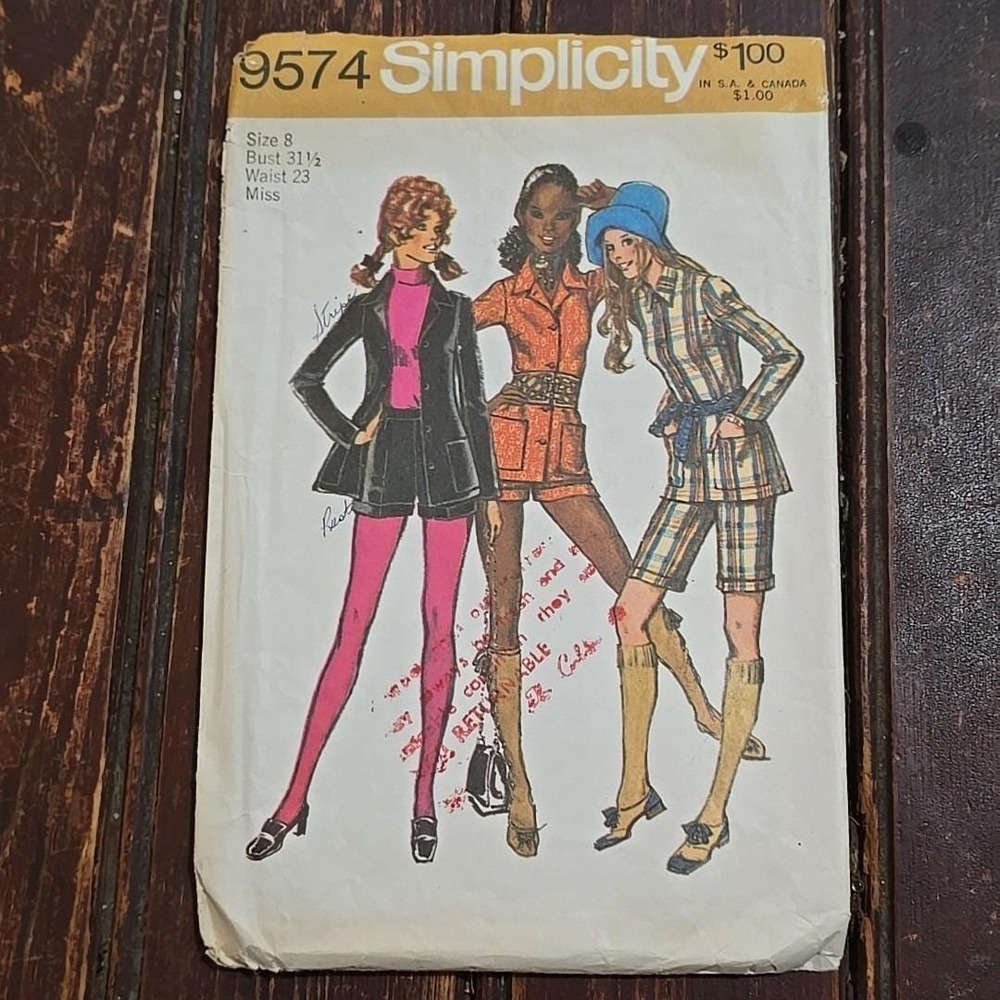 70's Retro Simplicity Pattern 9574 Shirt Shorts Misses Size 8 Bust 31.5 CUT